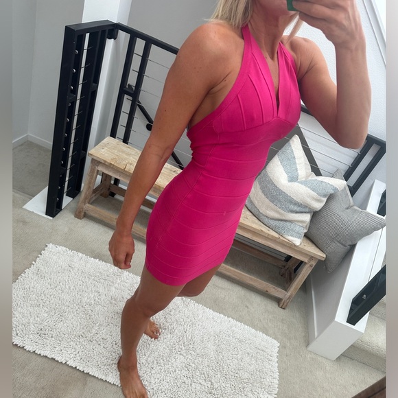 Herve Leger hot pink halter bandage mini dress formal cocktail designer luxury M - Picture 5 of 12